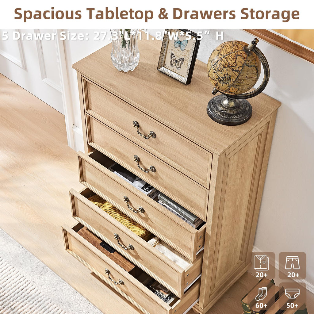 Light wood dresser with open drawers and curved metal handles
