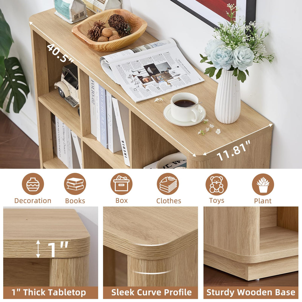 Light oak cube storage book shelf with curved tabletop edge and open storage cubbies