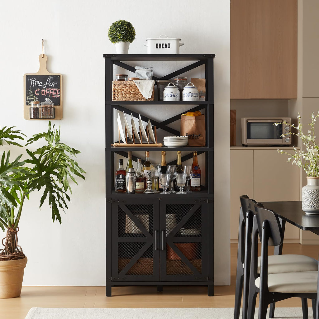 Slate blue tall bookshelf with open shelves and X-pattern mesh door panels