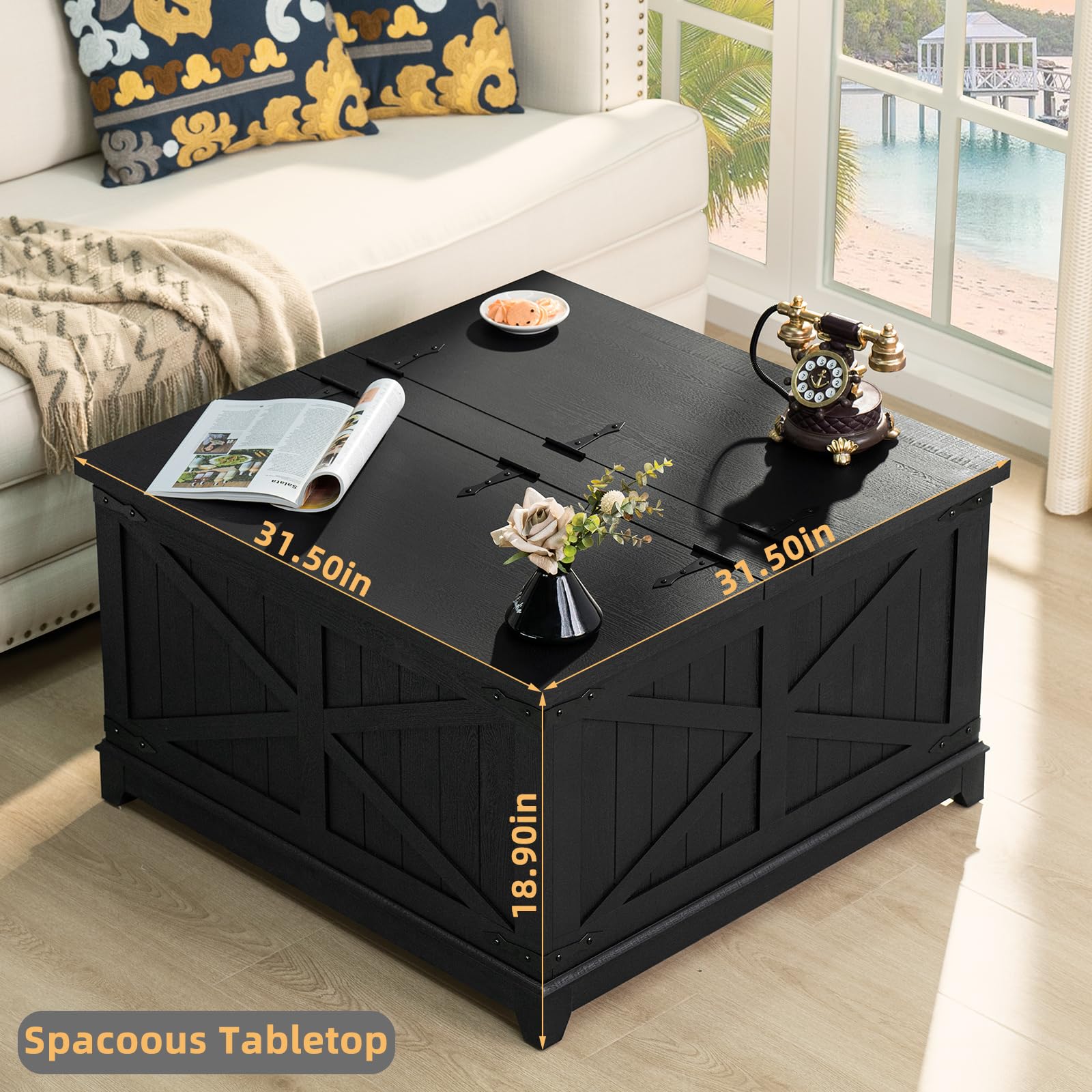 Dark navy/black square storage coffee table with hinged lift top and geometric front panels
