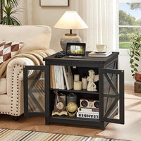Black wood end side table with open shelves and cabinet doors, charging station top