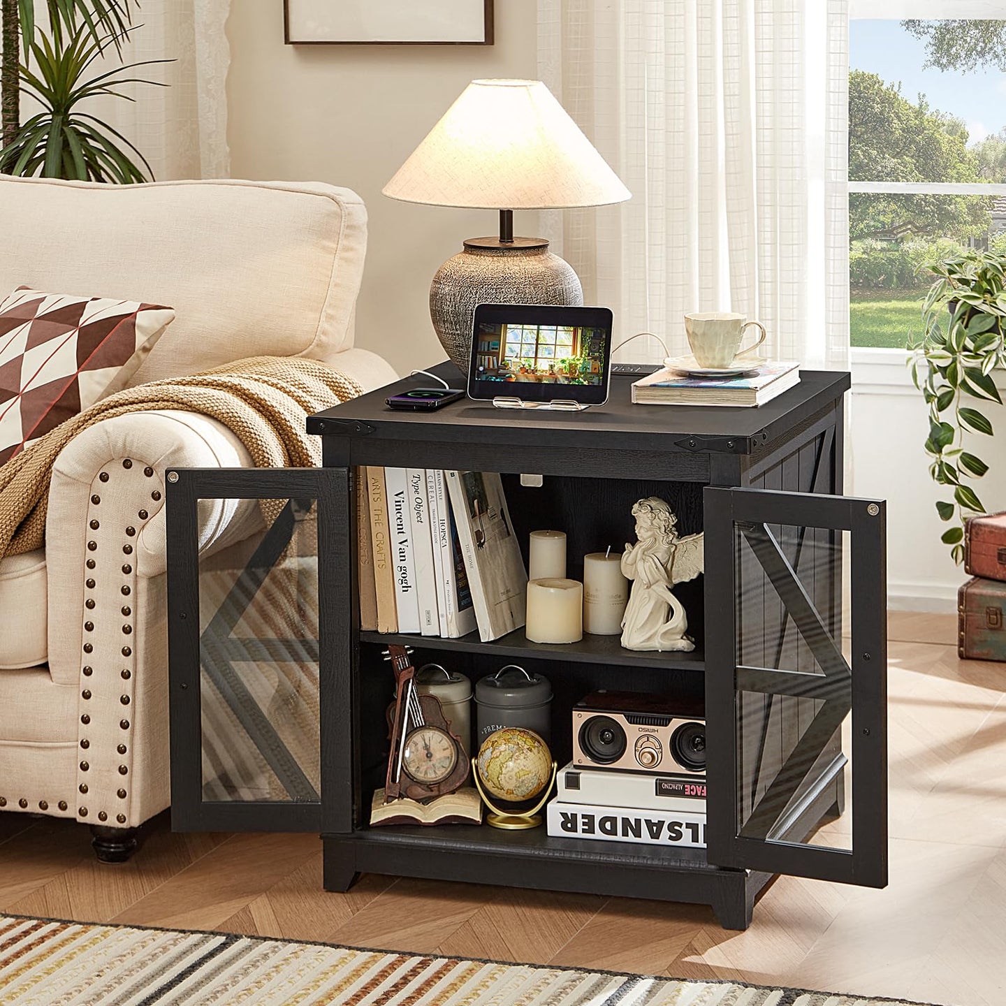 Black farmhouse end table with lift top and enclosed lower storage with shelves
