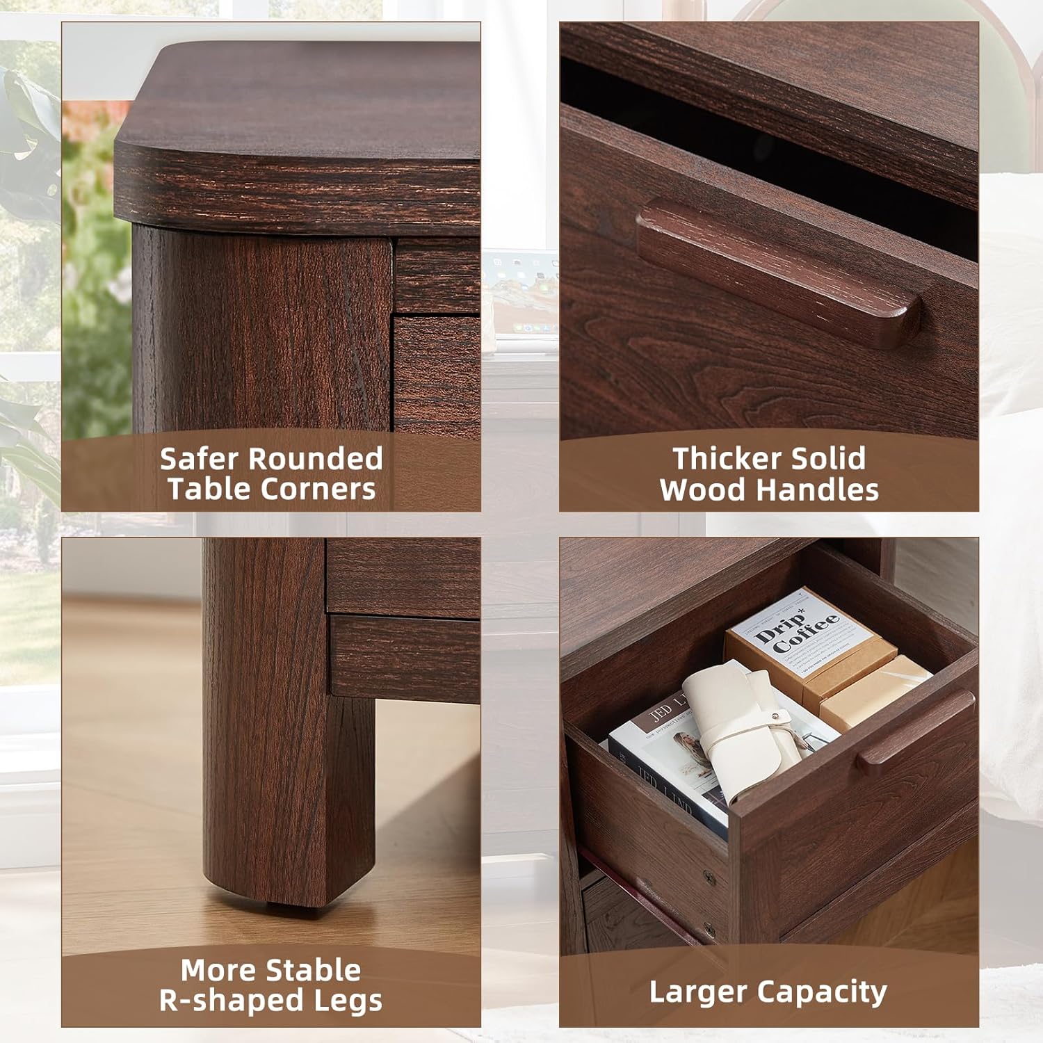 Walnut nightstand with rounded corners, thicker legs, and solid wood handles