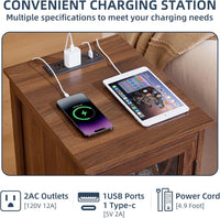 Narrow Side Table with Charging Station, Night Stand with Glass Door, Bedside End Tables with Adjustable Shelf Storage Cabinet,Wood Nightstand for Small Spaces Living Room Bedroom