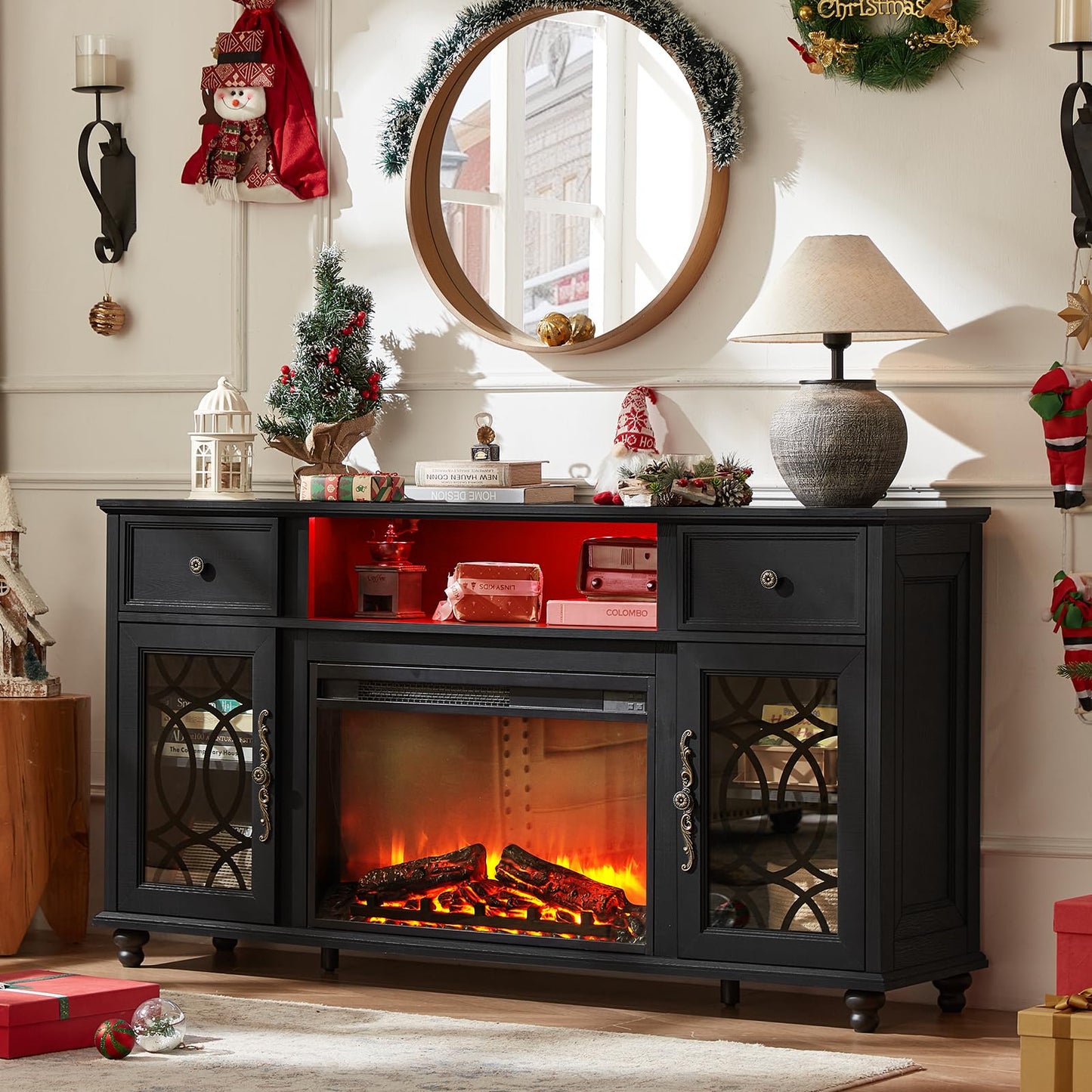 Joaxswe Farmhouse Fireplace TV Stand Sets 3,Side Table with Charger Station | 59" Fire Place TV Stands for Living Room, Entertainment Center Heater for TVs up to 65" with Open Shelves and Drawers, Blue
