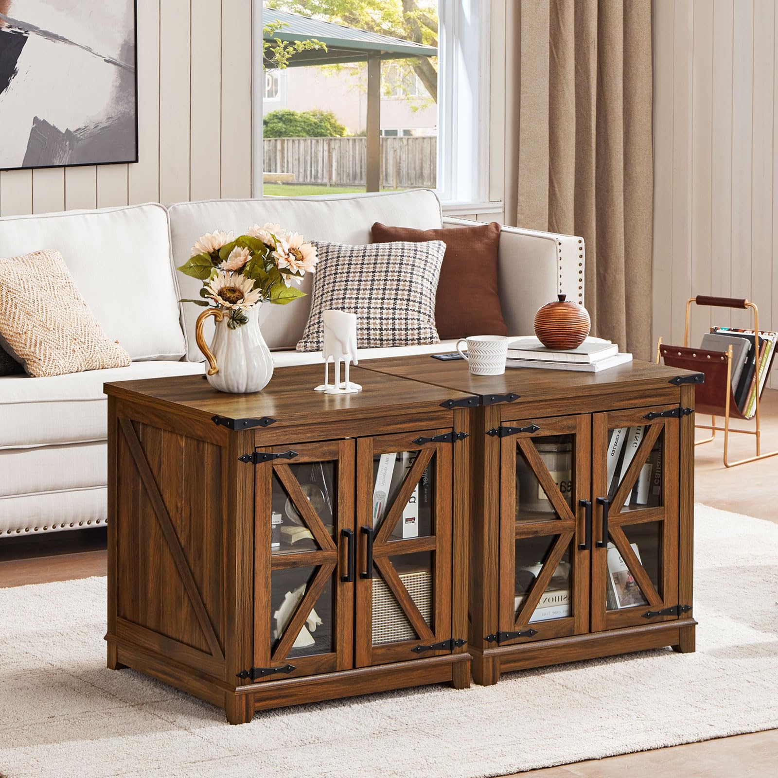 Farmhouse end table with brown wood frame and glass cabinet doors, tabletop decor