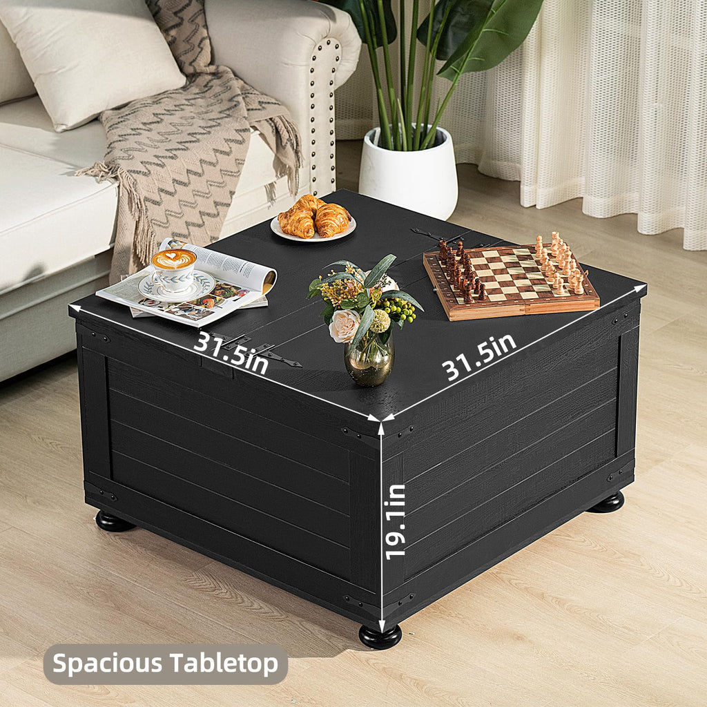 Black square coffee table with rustic top, hinged lift lid, and caster-style feet