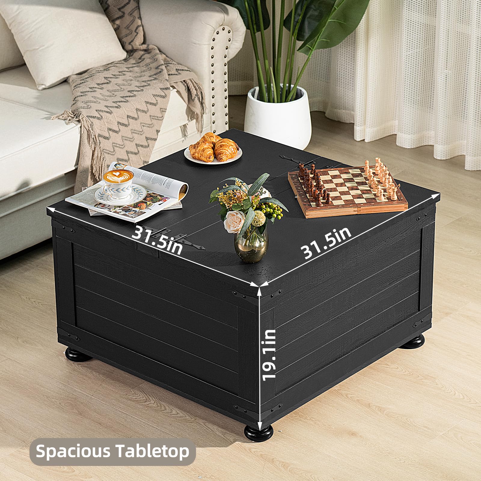 Black square coffee table with rustic top, hinged lift lid, and caster-style feet