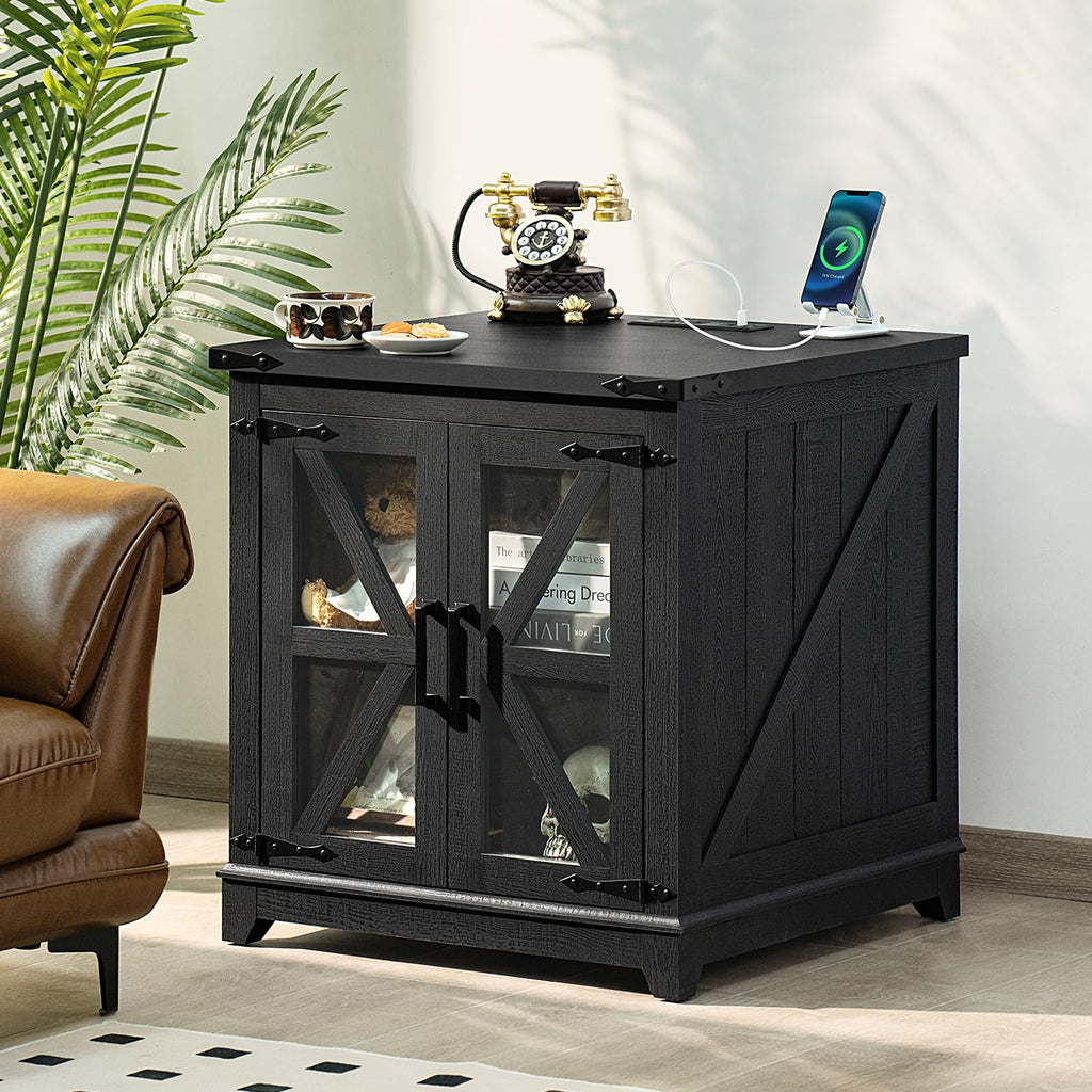 Black farmhouse end table with X-panel doors and glass insert, flat black tabletop