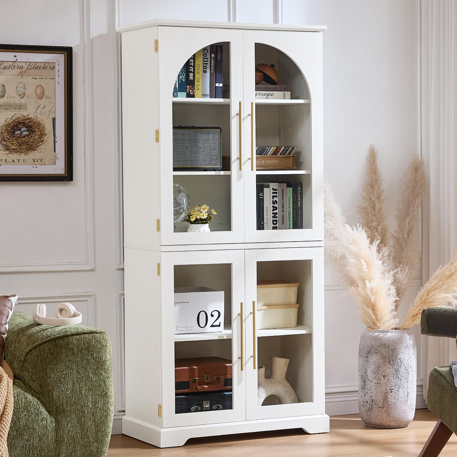 Tall bookcase cabinet in white with 4 curved glass doors and stacked shelving inside