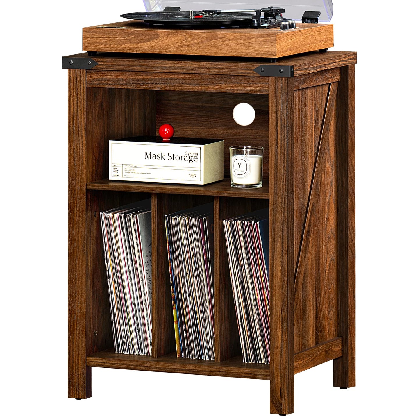 Record player stand with wood cabinet and wood top; front shelves holding vinyl records