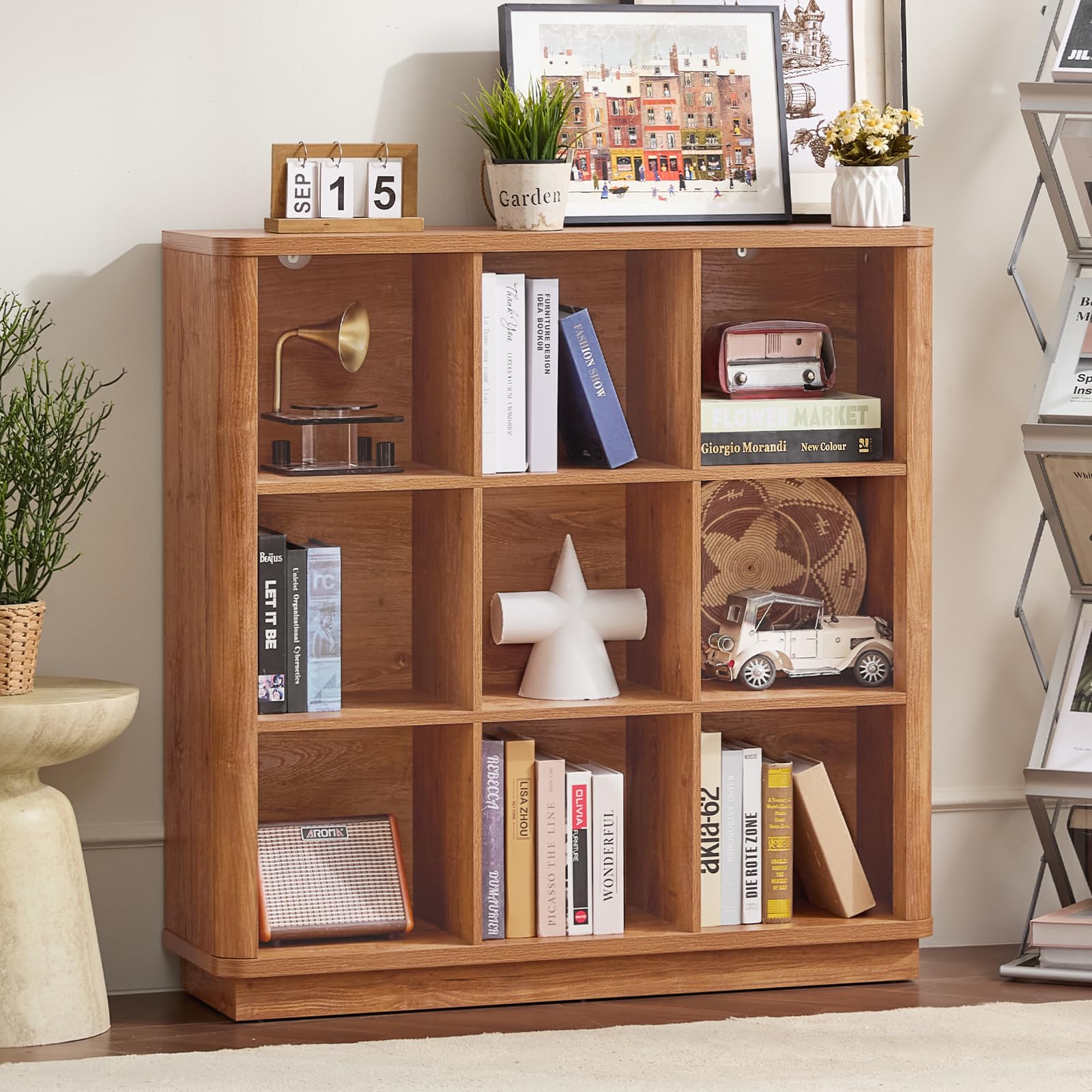 8 Cube Storage Book Shelf, 52" Long Horizontal Bookshelf with Curved Edge, Floor Standing Wooden Cubby Bookcase with Base, Modern Low Console Book Case, TV Stand for Living Room, Natural Oak