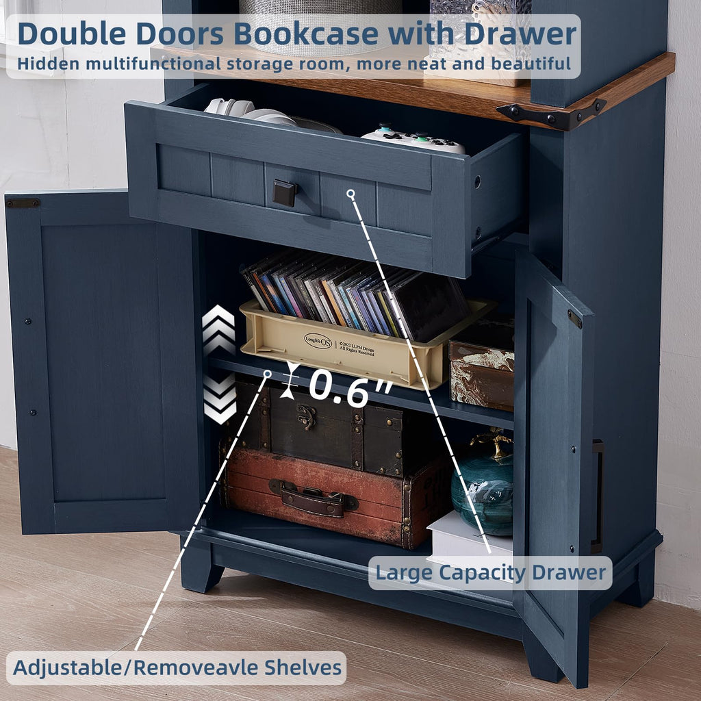 Blue double-door bookcase with front drawer and open interior shelves