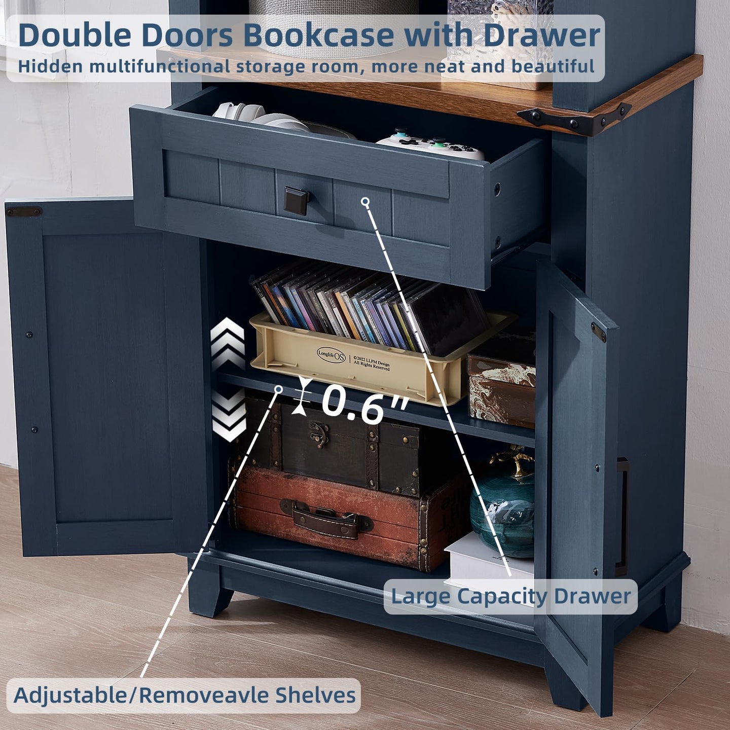 Blue bookcase cabinet with central drawer open, lower shelves with storage compartments