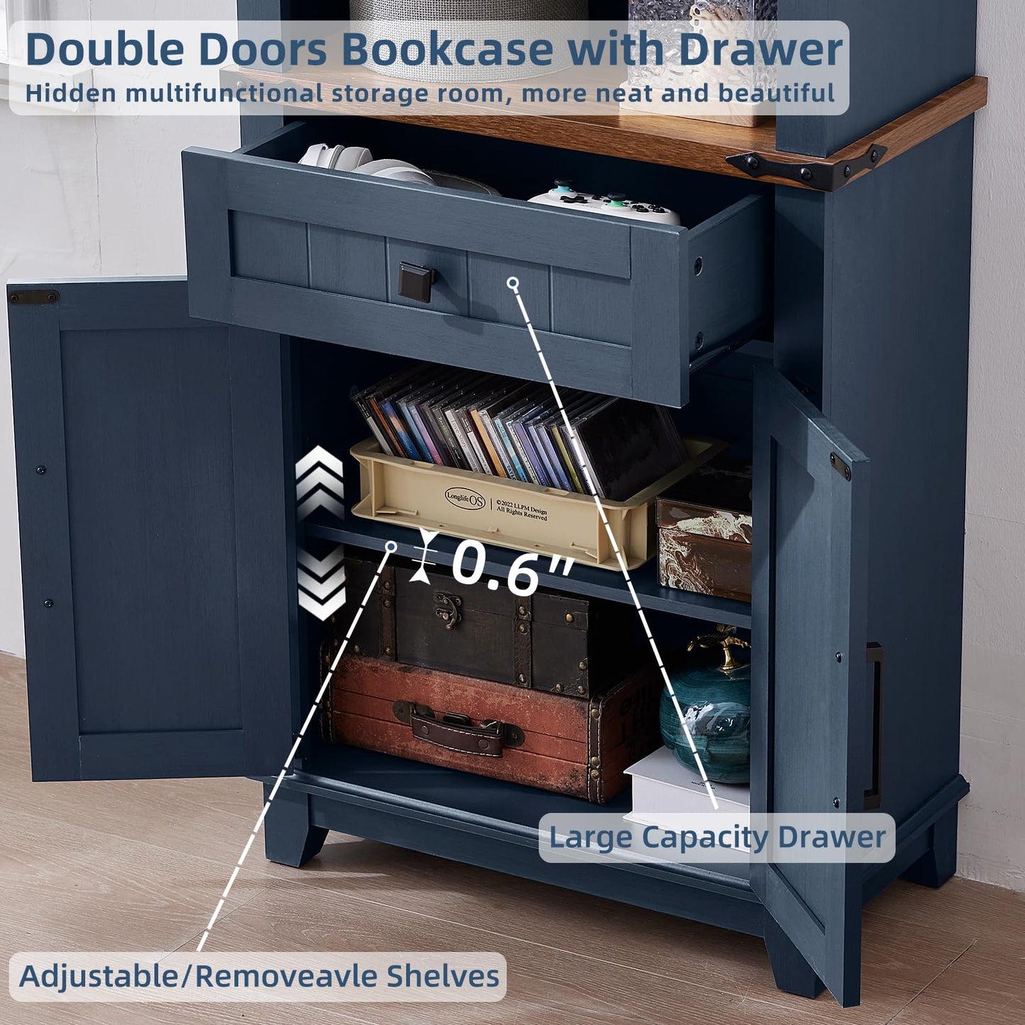 Blue bookcase cabinet with central drawer open, lower shelves with storage compartments