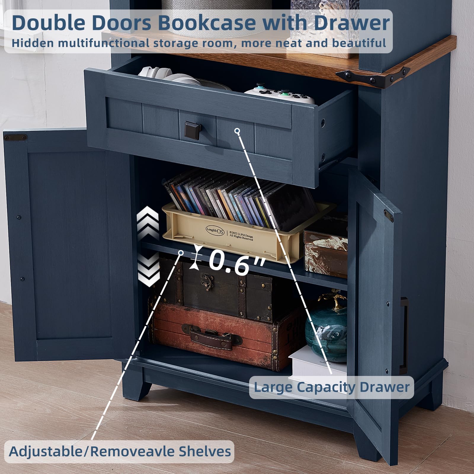 Blue double-door bookcase with front drawer and open interior shelves