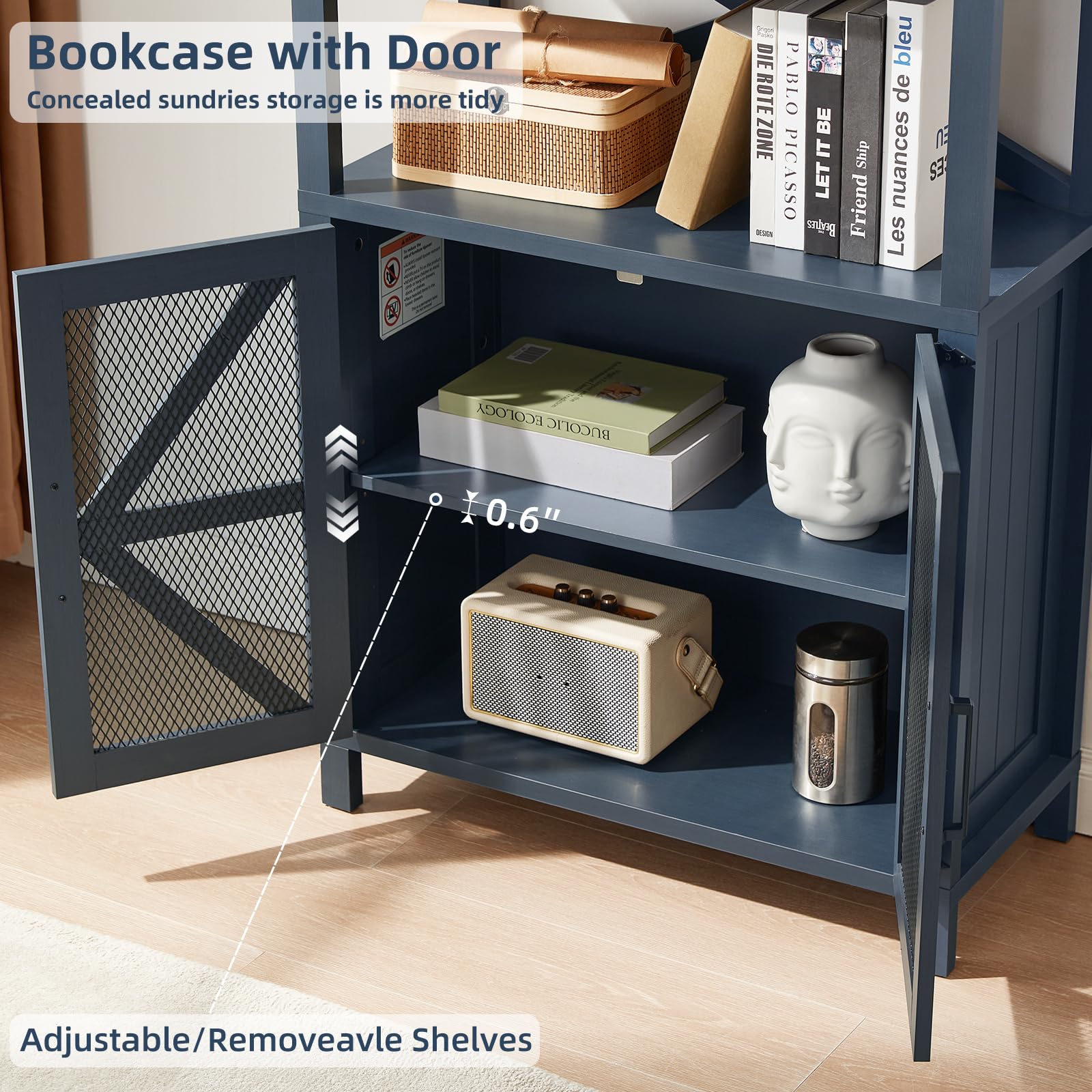 Dark blue tall bookshelf with open shelves and mesh barn-style door panels