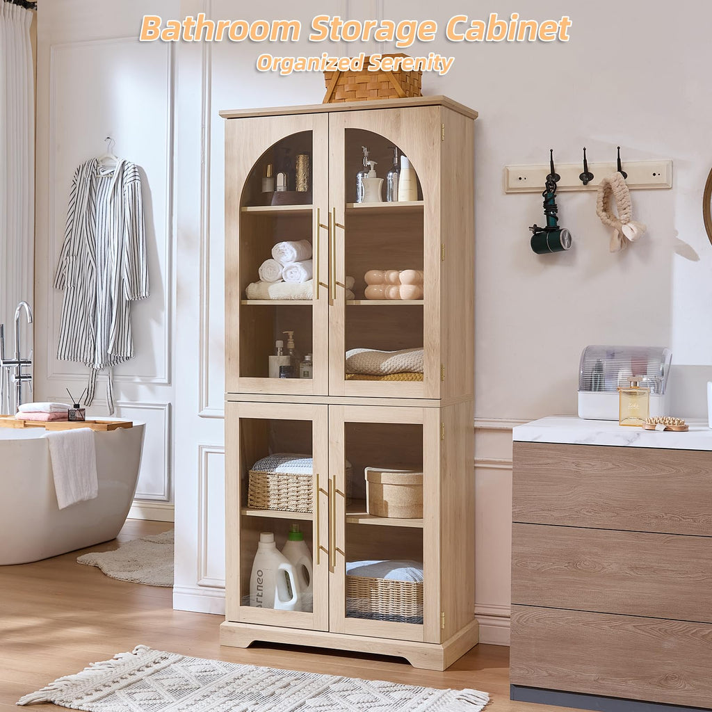 Light wood tall storage cabinet with curved glass doors and adjustable shelves, open panels
