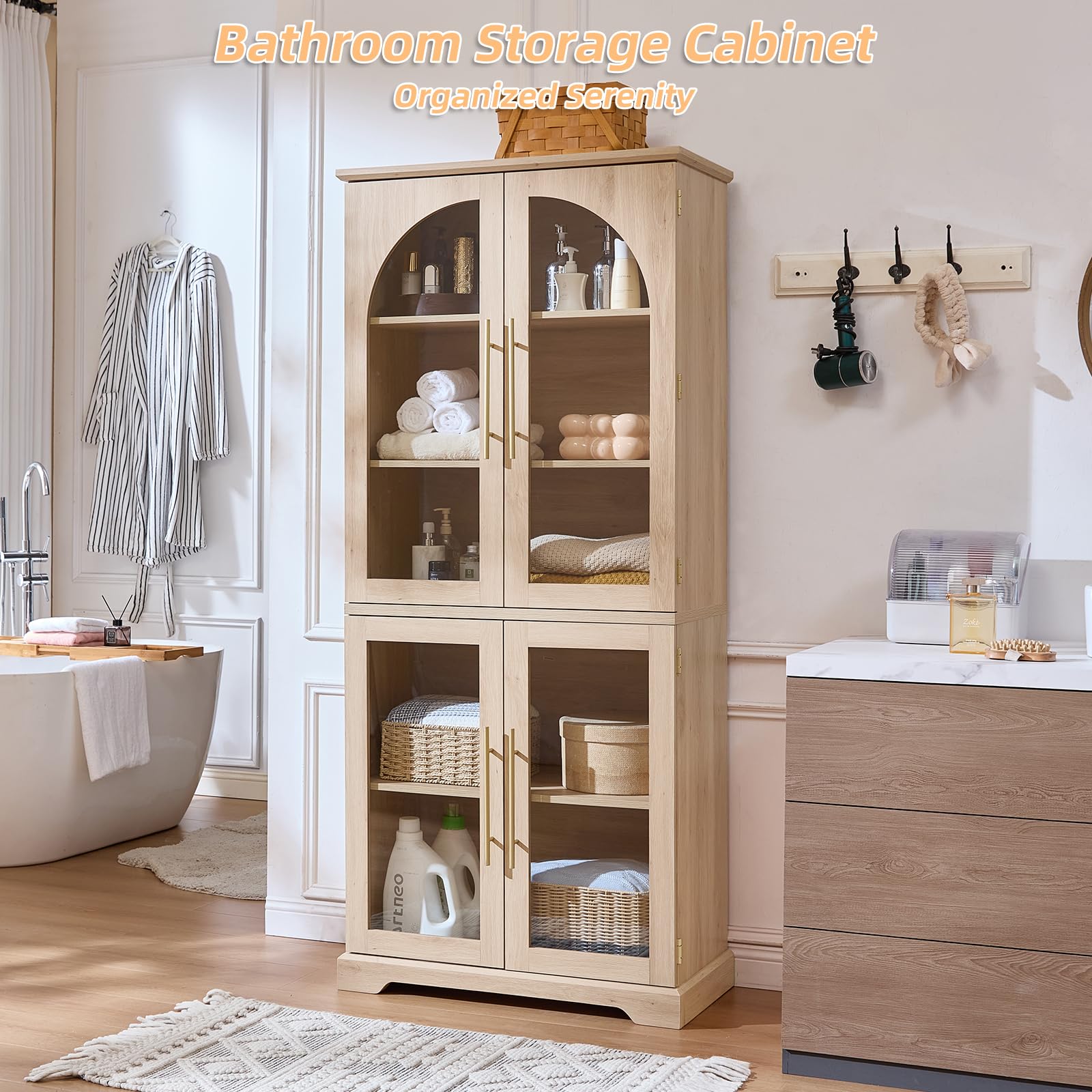 Light wood tall storage cabinet with curved glass doors and adjustable shelves, open panels