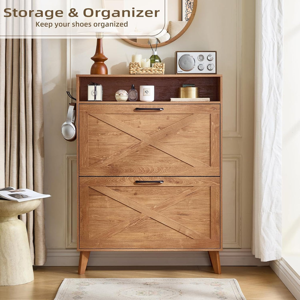 Brown shoe storage cabinet with two flip drawers and open top shoe rack