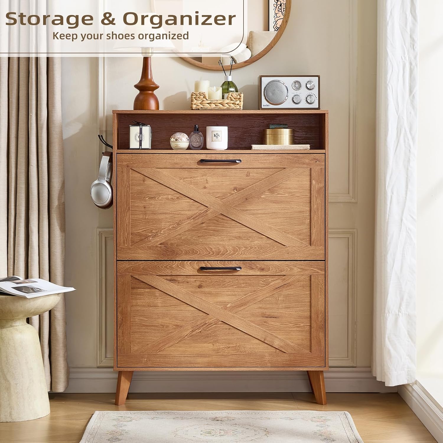 Brown shoe storage cabinet with two flip drawers and open top shoe rack
