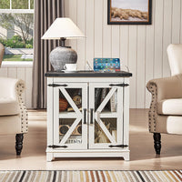 White farmhouse side table with X-pattern doors, glass panels, and black tabletop