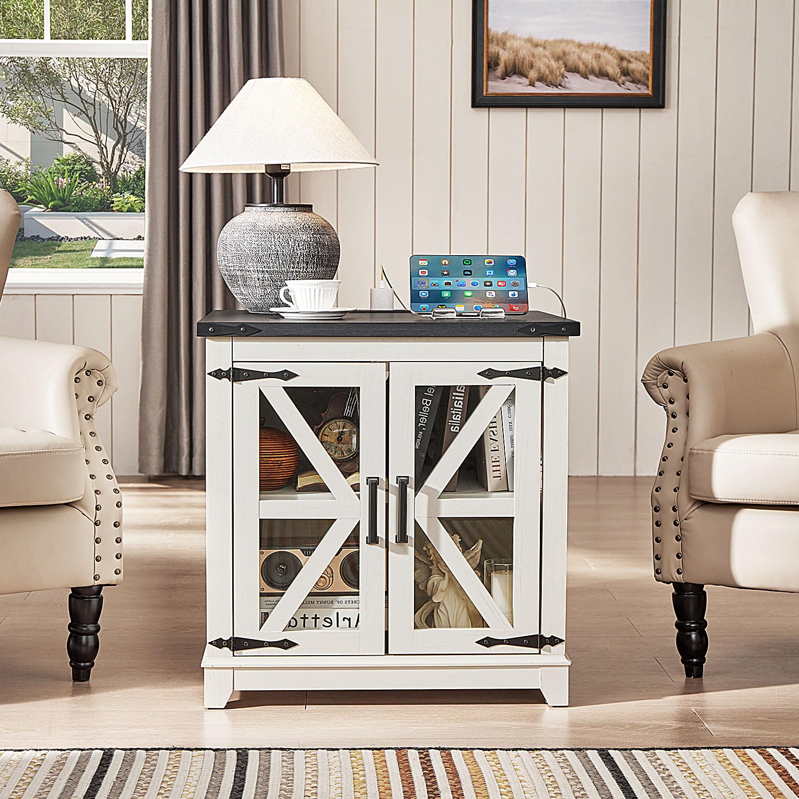 White farmhouse side table with X-pattern doors, glass panels, and black tabletop