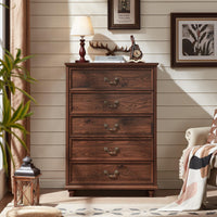 Dark brown wooden 5-drawer dresser with brass-style handles and four feet