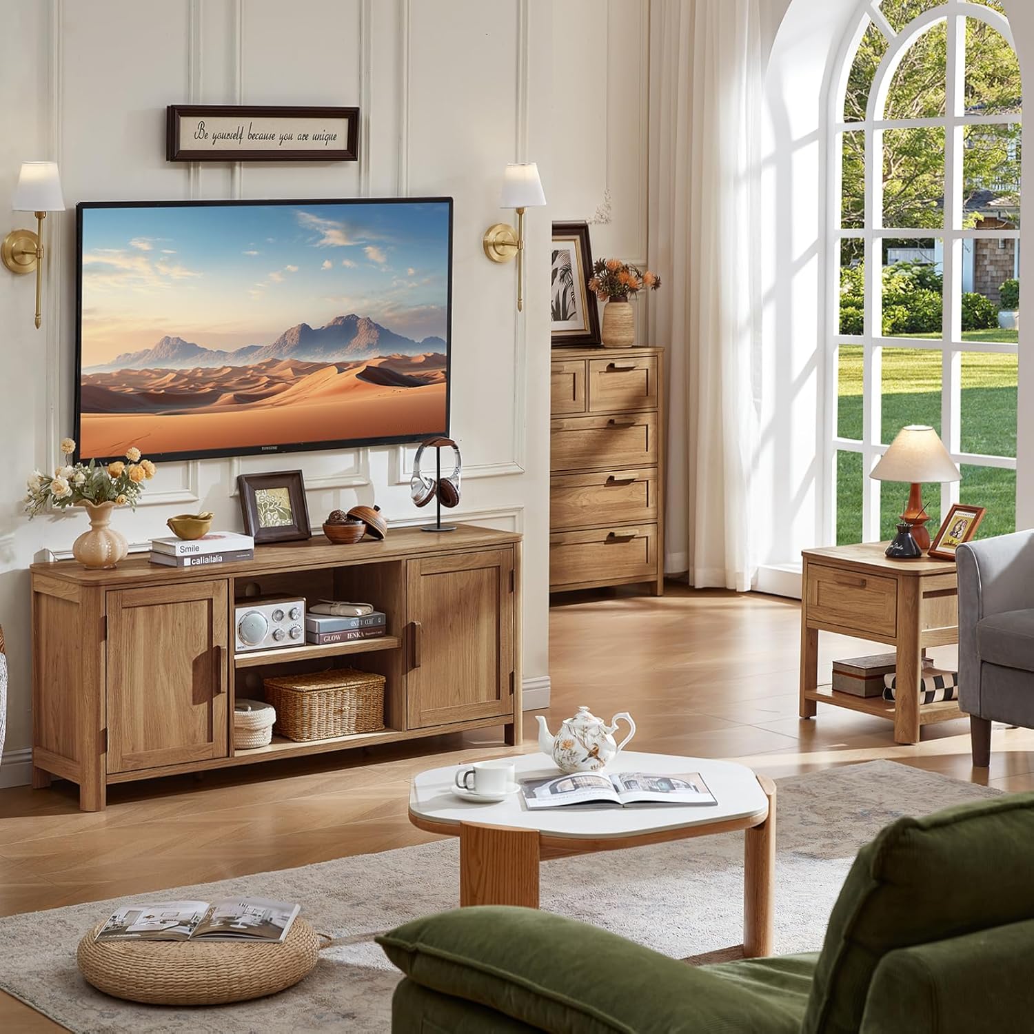 Light wood TV console with two doors and open shelves in a farmhouse style