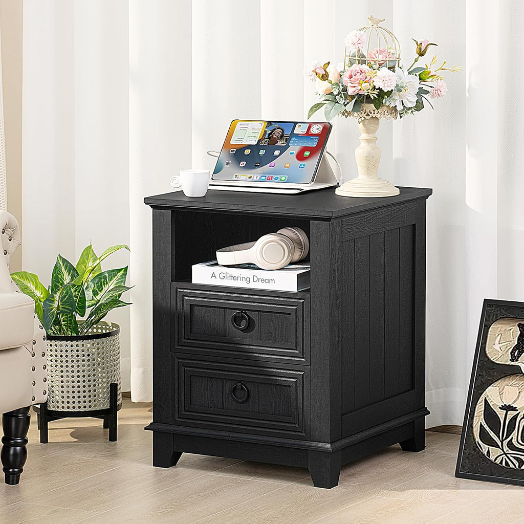 Black wooden nightstand with charging top station, open shelf, and two drawer fronts
