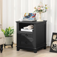 Black wooden nightstand with charging top station, open shelf, and two drawer fronts