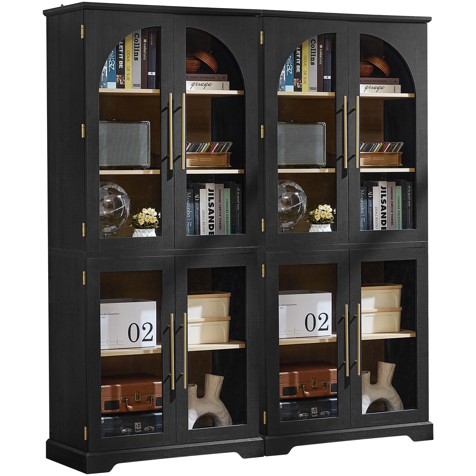 Black display cabinet bookshelf with four arched glass doors and multiple interior shelves