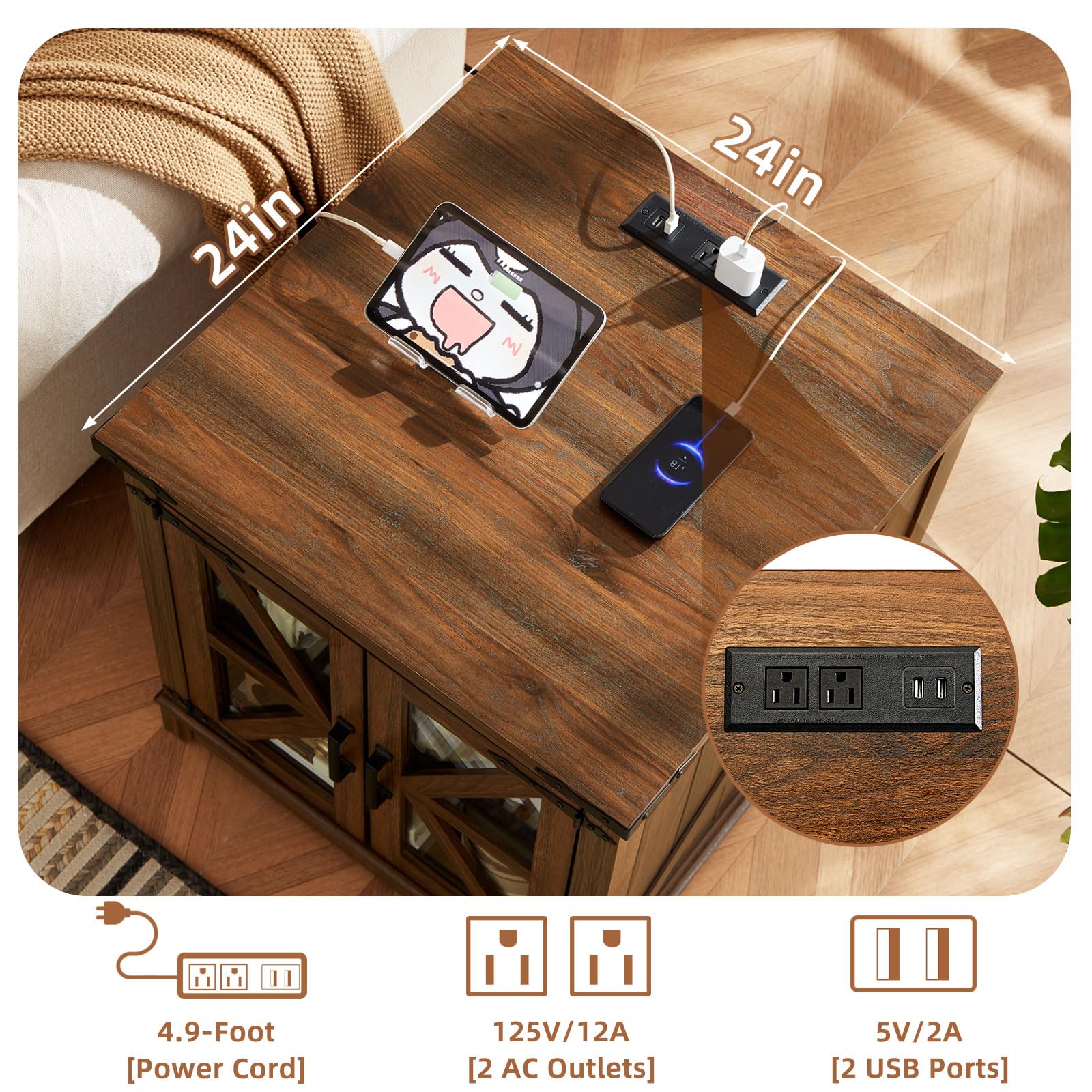 Farmhouse end table with wood top, wireless charging pad, and power outlets