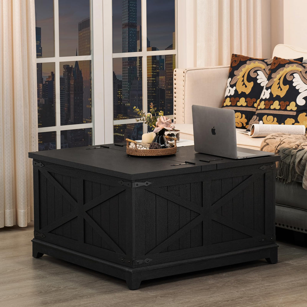 Black farmhouse storage coffee table with geometric front panels and dark tabletop