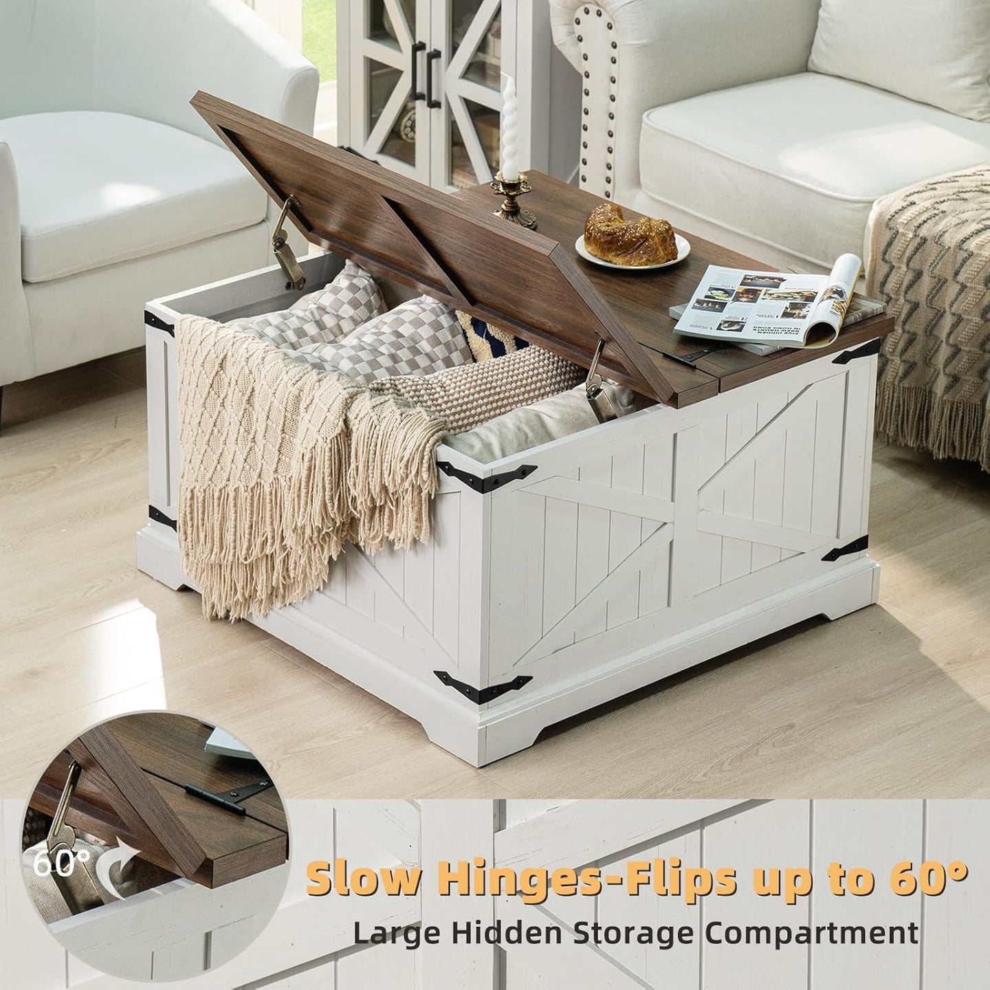 White farmhouse coffee table with flip-top lid open, revealing hidden storage compartment
