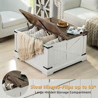 White farmhouse coffee table with flip-top lid open, revealing hidden storage compartment