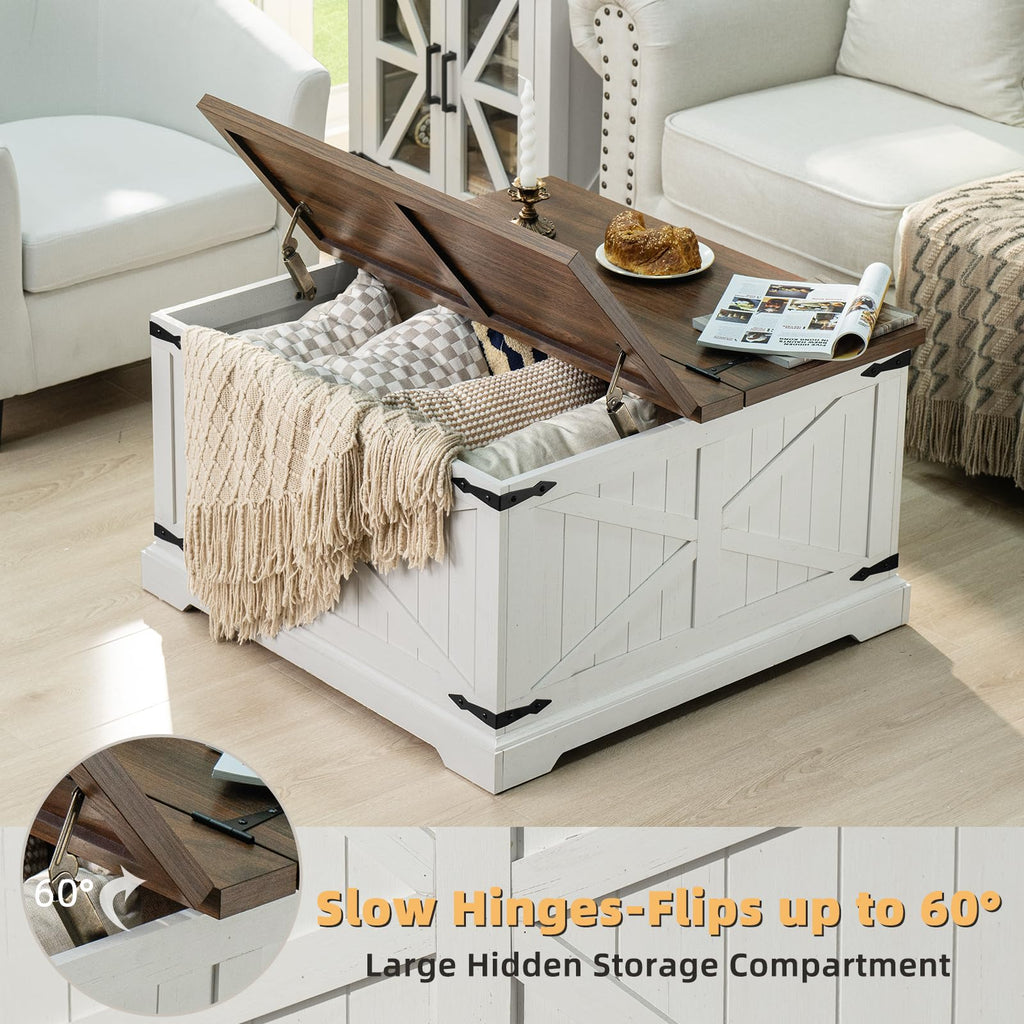 White lift-top coffee table with hinged lid revealing storage compartment, corner view