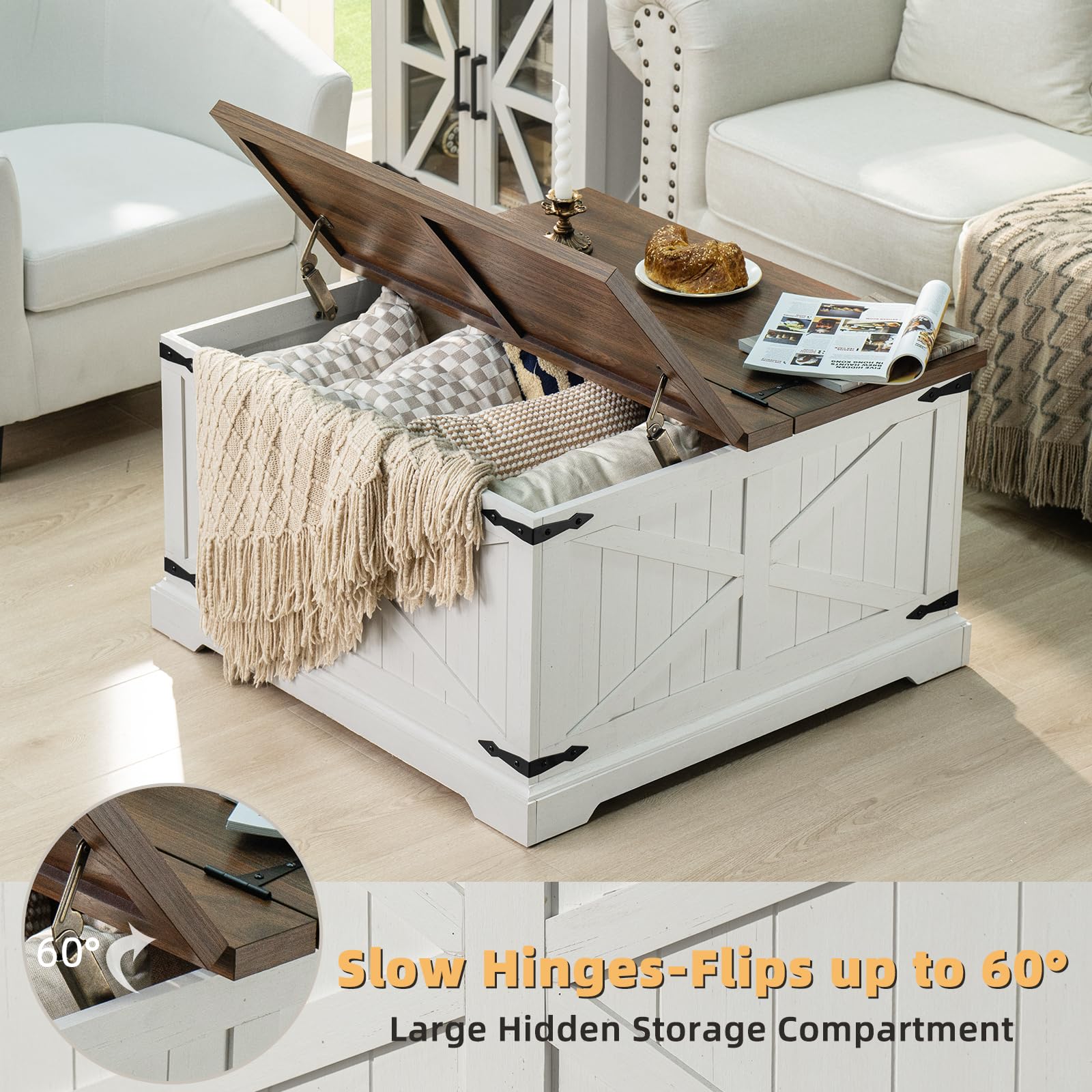White lift-top coffee table with hinged lid revealing storage compartment, corner view