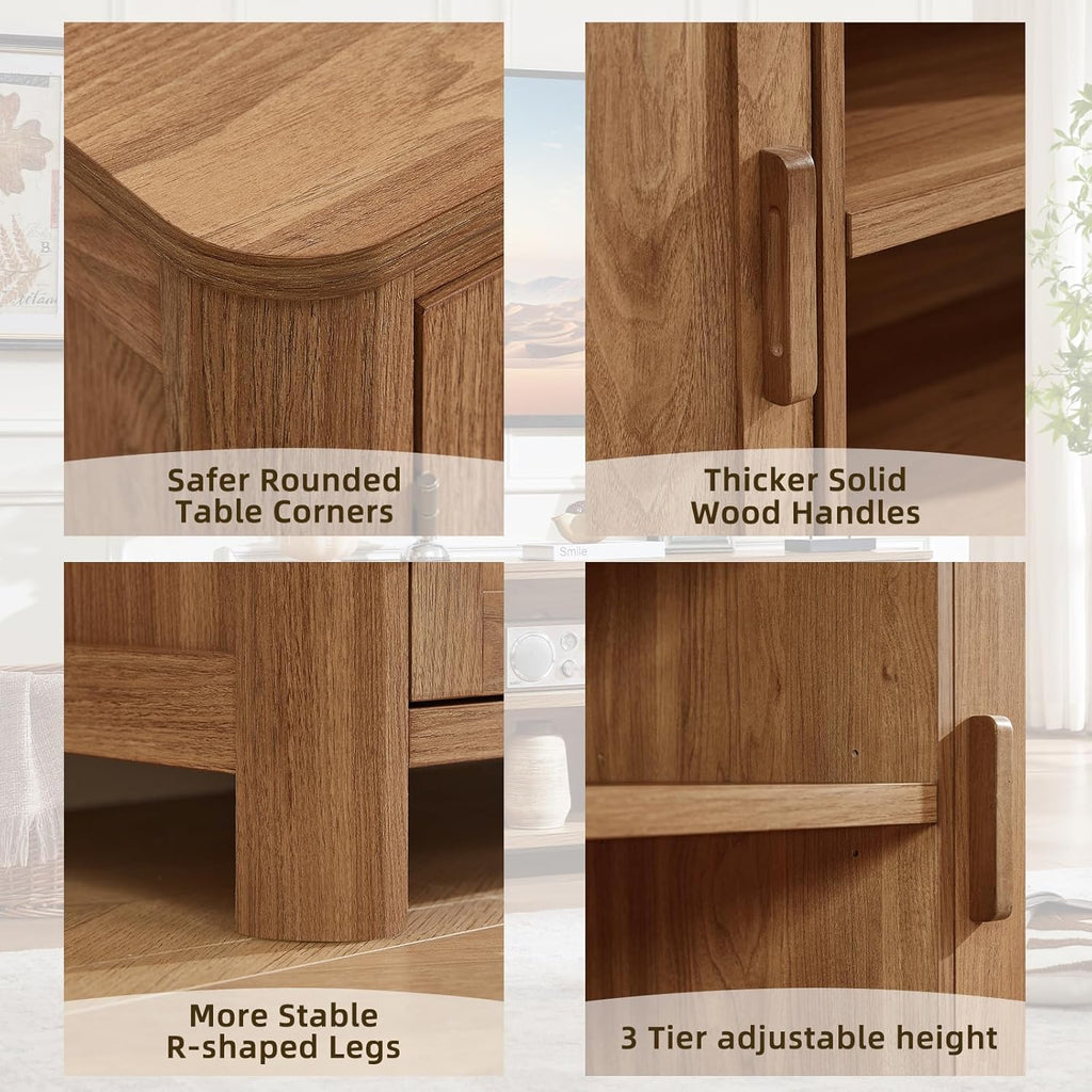 Wood TV console corner and solid wood handle detail, rounded corners and legs