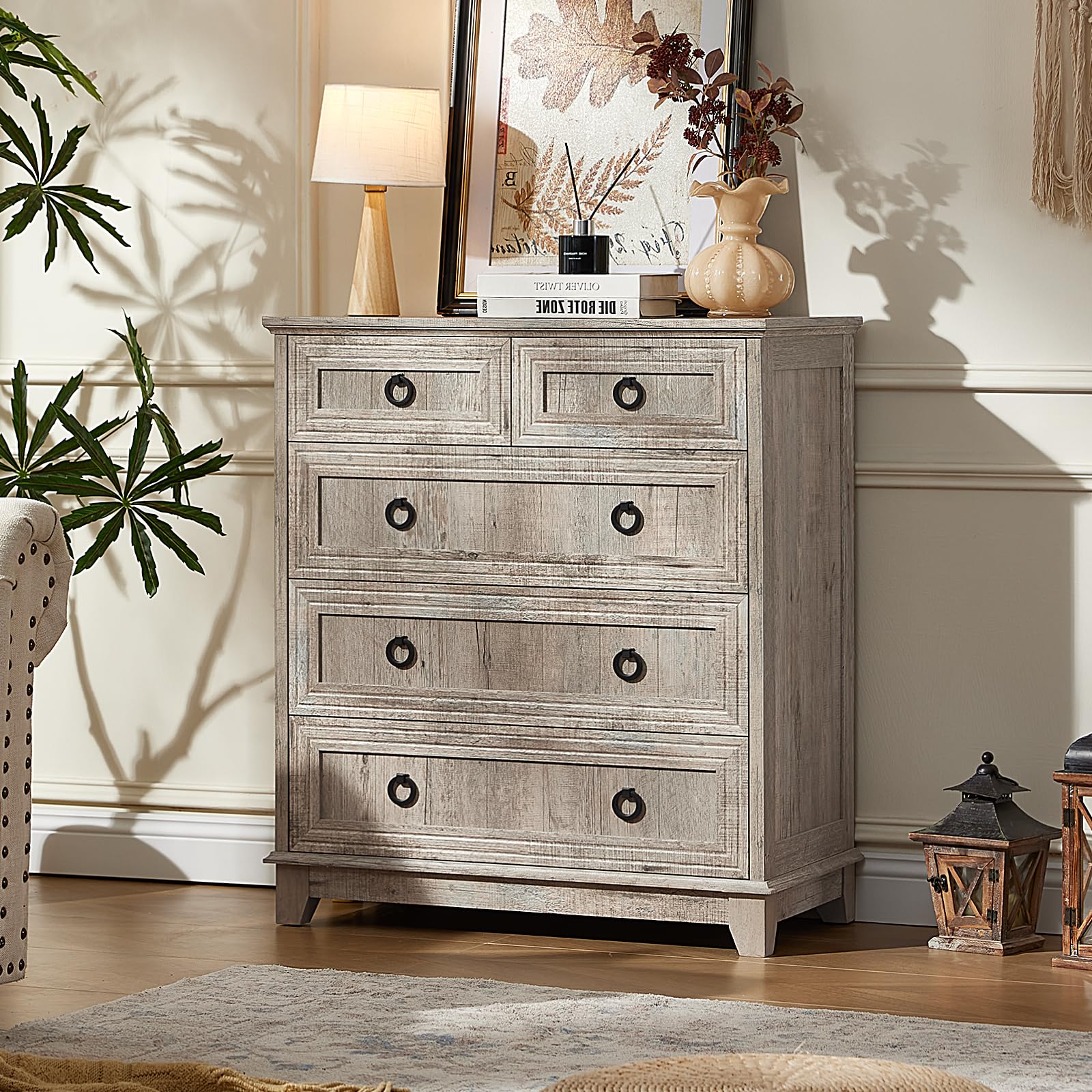 Farmhouse 5-drawer dresser with metal ring pulls, gray wood cabinet and flat top