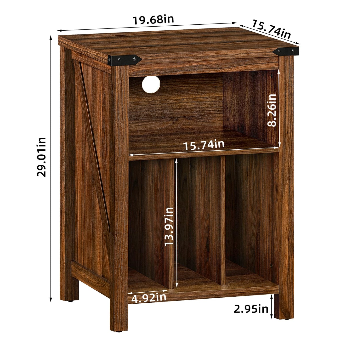Brown record player stand cabinet with open shelves and marked dimensions