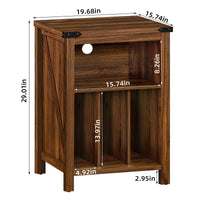 Brown record player stand cabinet with open shelves and marked dimensions