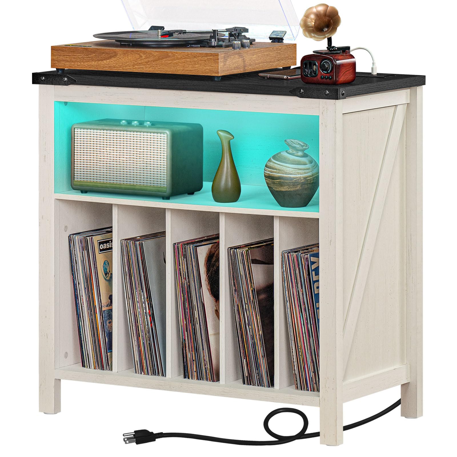 White record player cabinet with open vinyl record shelves and lit interior cubby.