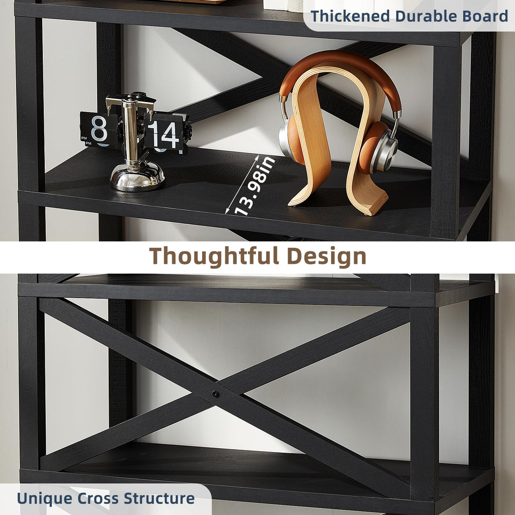 Dark blue open bookshelf with X cross braces and front door panels