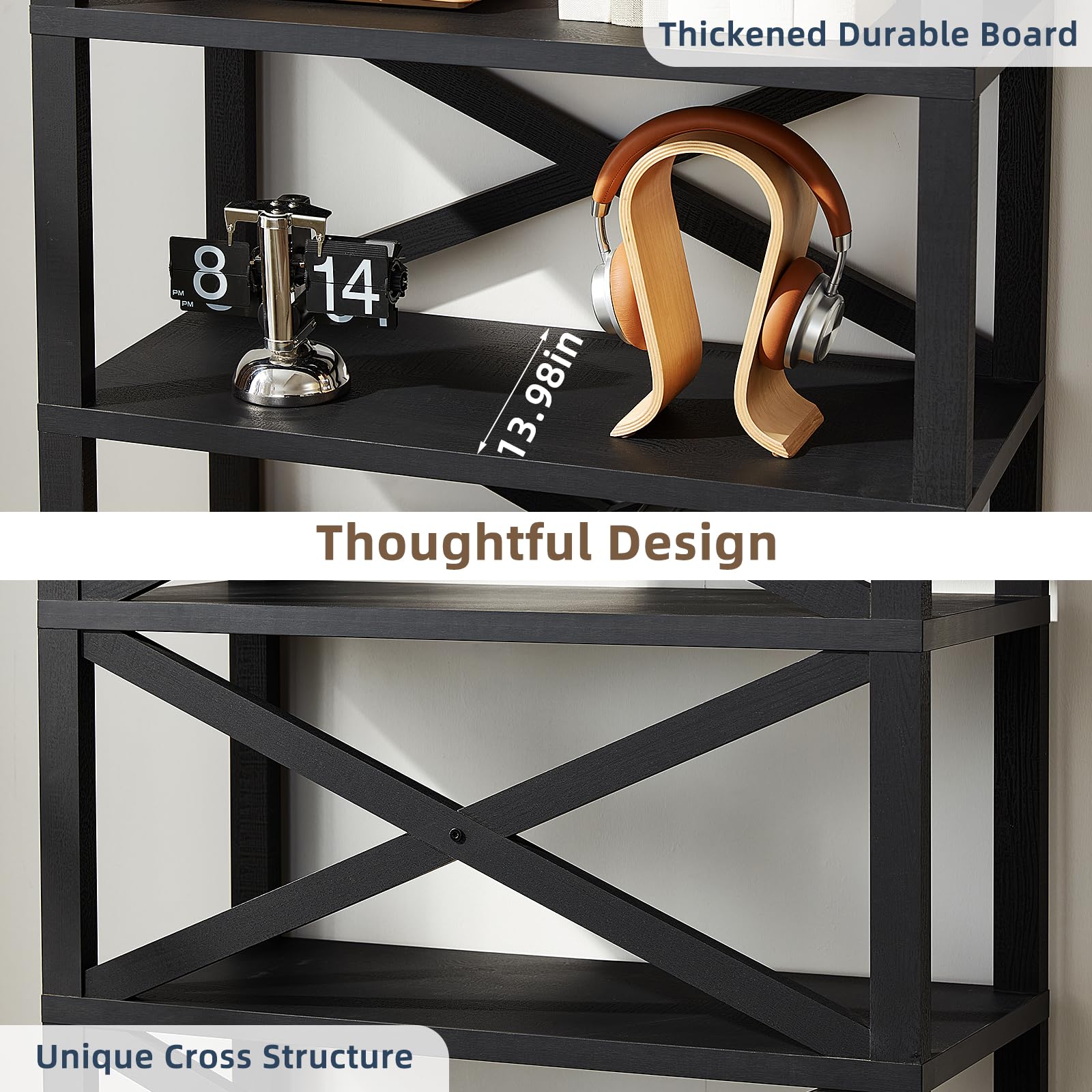 Dark blue open bookshelf with X cross braces and front door panels