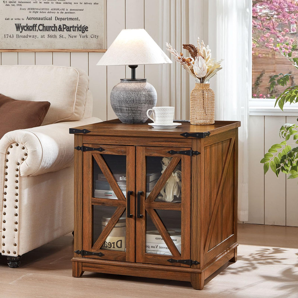 Farmhouse end table with brown wood cabinet and glass-pane doors, adjustable interior shelf
