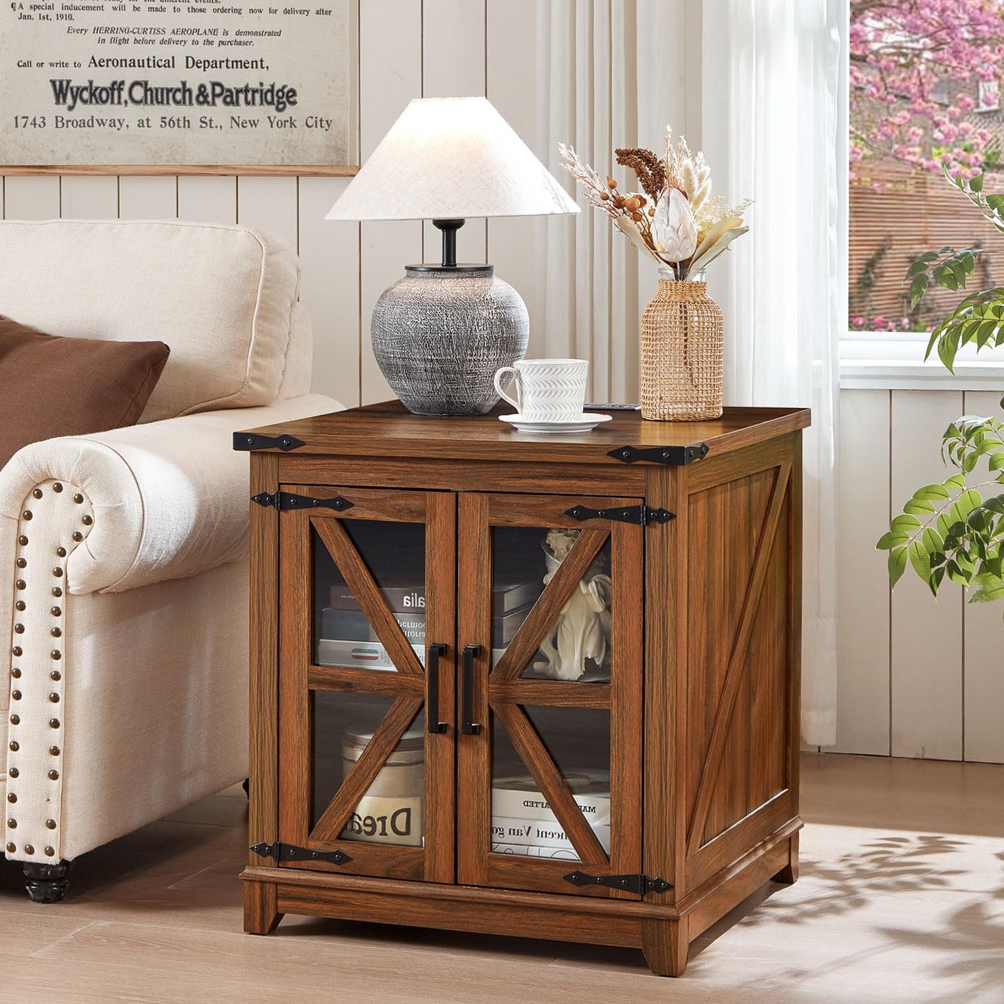 Farmhouse end table with brown wood cabinet and glass-pane doors, adjustable interior shelf