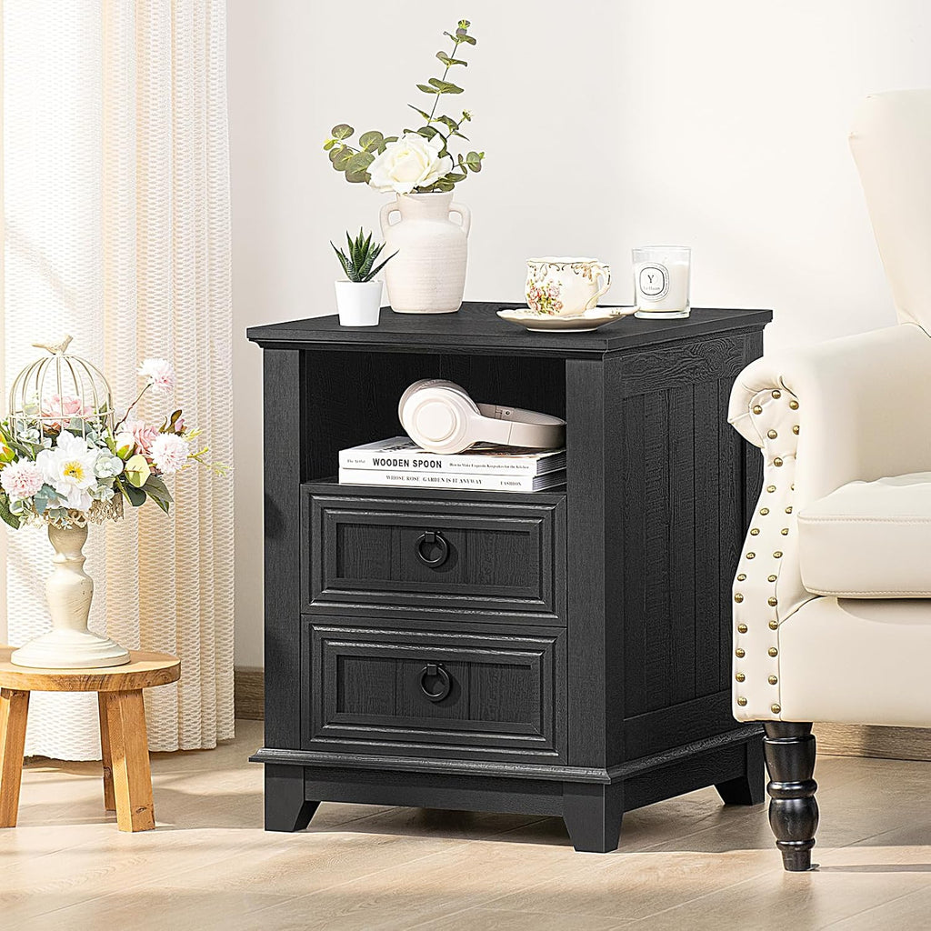 Black wooden nightstand with two drawers and open shelf for bedside storage