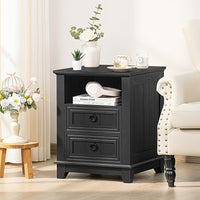 Black wooden nightstand with two drawers and open shelf for bedside storage