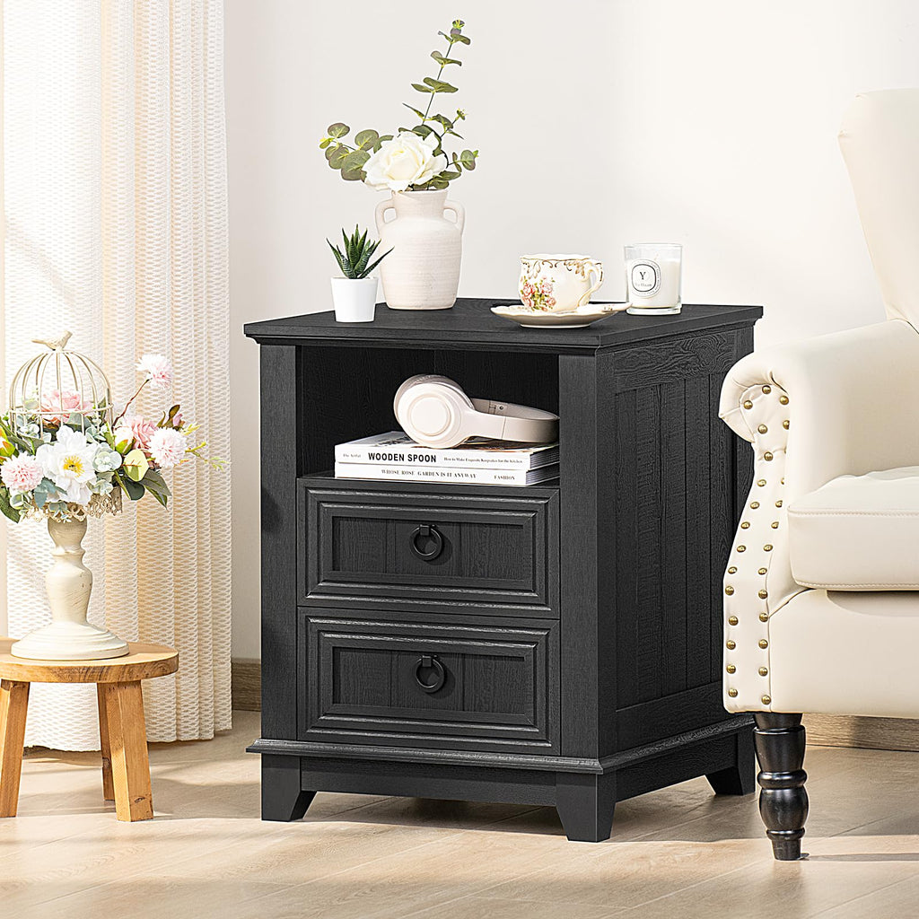 Black farmhouse nightstand cabinet with 3 drawers and round metal knobs, wood top.